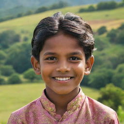 A young Sri Lankan boy donned in traditional dress, dark hair, friendly smile, and sparkling eyes, set against the colorful backdrop of rural Sri Lanka.