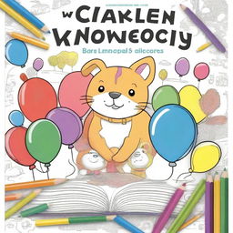 A children's coloring book cover featuring a partially colored drawing with crayons and colored pencils scattered around