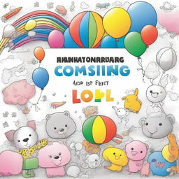 A children's coloring book cover featuring a partially colored drawing with crayons and colored pencils scattered around