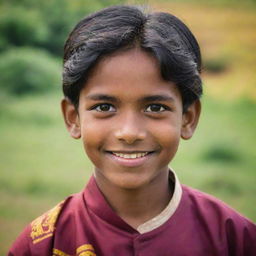 A young Sri Lankan boy donned in traditional dress, dark hair, friendly smile, and sparkling eyes, set against the colorful backdrop of rural Sri Lanka.