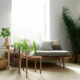 A beautifully decorated, modern living room with ample natural lighting, cozy furniture and vibrant houseplants