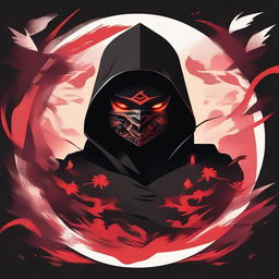 A stylized illustration of a ninja with piercing eyes, partially hidden by a dark hood and face mask