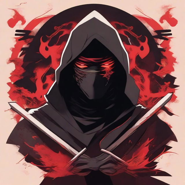 A stylized illustration of a ninja with piercing eyes, partially hidden by a dark hood and face mask