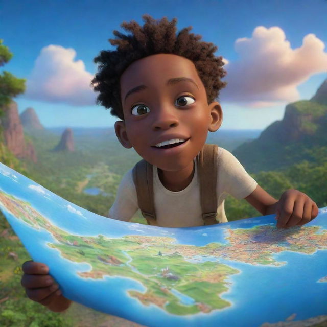 A 9-10 year old Jamaican boy clutching a map navigates through an enchanting landscape under a sky illuminated with stunning hues of blue, rendered in whimsical and magical 3D Pixar-style animation.