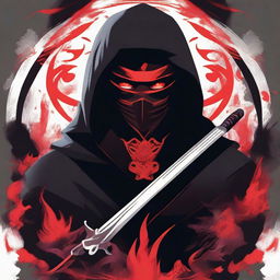 A stylized illustration of a ninja with piercing eyes, partially hidden by a dark hood and face mask