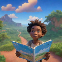 A 9-10 year old Jamaican boy clutching a map navigates through an enchanting landscape under a sky illuminated with stunning hues of blue, rendered in whimsical and magical 3D Pixar-style animation.