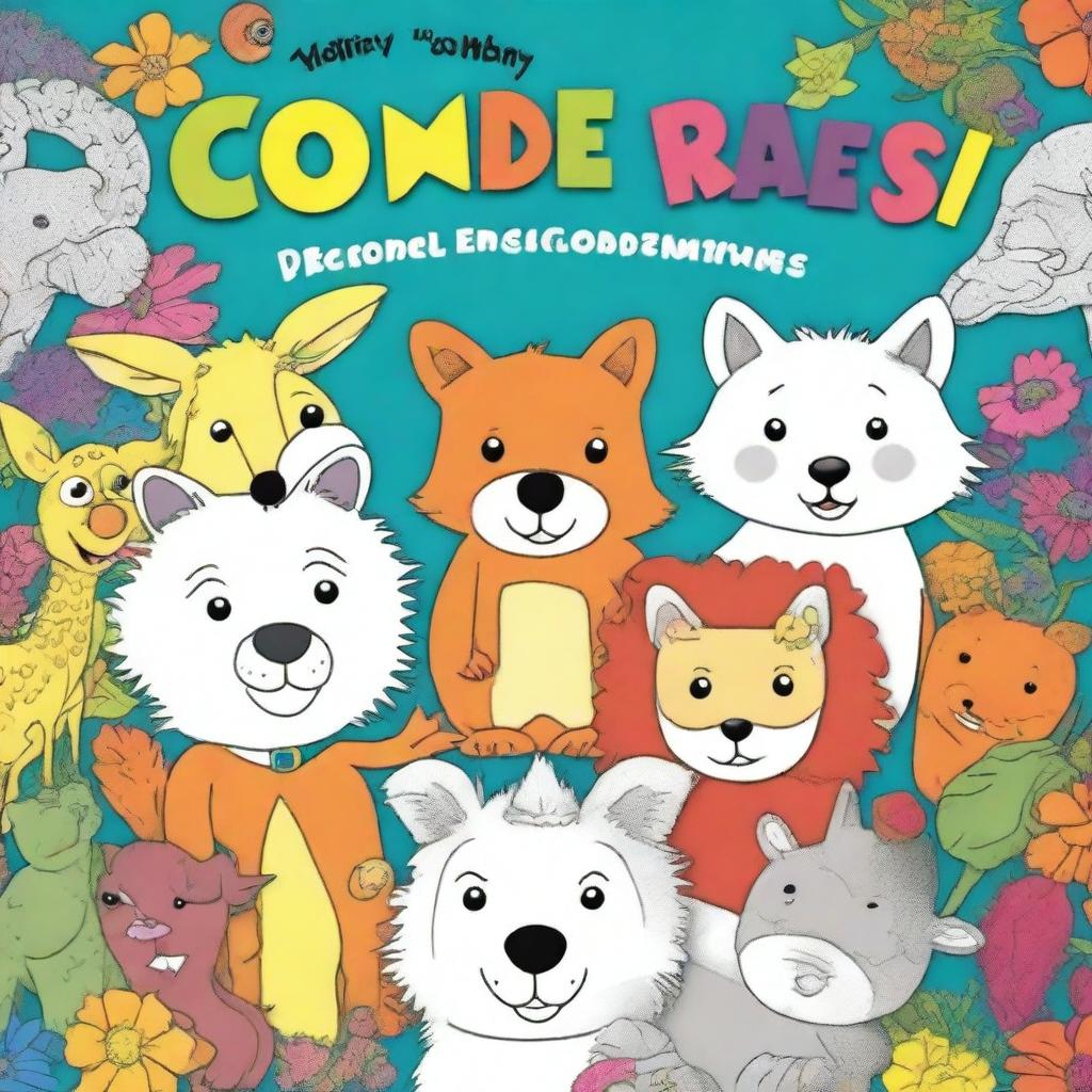 A children's coloring book cover featuring a partially colored drawing with vibrant colors and various animals