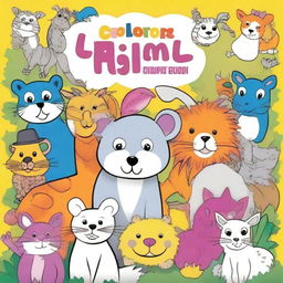 A children's coloring book cover featuring a partially colored drawing with vibrant colors and various animals