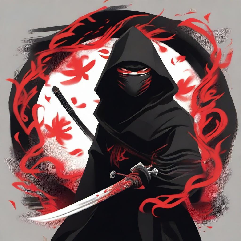 A stylized illustration of a ninja with piercing eyes, partially hidden by a dark hood and face mask