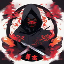 A stylized illustration of a ninja with piercing eyes, partially hidden by a dark hood and face mask