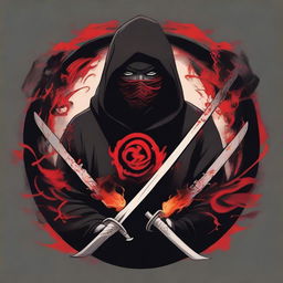 A stylized illustration of a ninja with piercing eyes, partially hidden by a dark hood and face mask