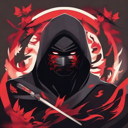 A stylized illustration of a ninja with piercing eyes, partially hidden by a dark hood and face mask