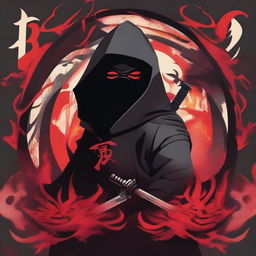 A stylized illustration of a ninja with piercing eyes, partially hidden by a dark hood and face mask