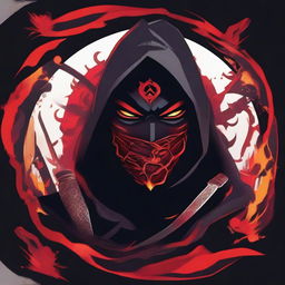 A stylized illustration of a ninja with piercing eyes, partially hidden by a dark hood and face mask