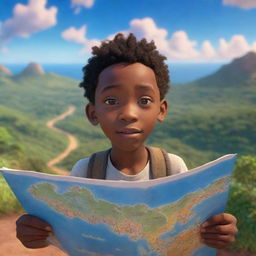 A 9-10 year old Jamaican boy clutching a map navigates through an enchanting landscape under a sky illuminated with stunning hues of blue, rendered in whimsical and magical 3D Pixar-style animation.