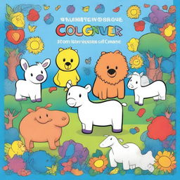 A children's coloring book cover in A4 size, featuring a partially colored drawing with crayons and animals