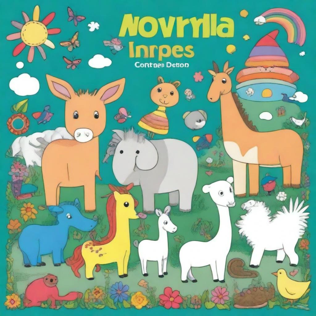 A children's coloring book cover in A4 size, featuring a partially colored drawing with crayons and animals