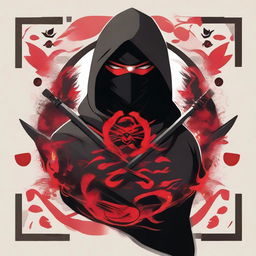 A stylized illustration of a ninja with piercing eyes, partially hidden by a dark hood and face mask