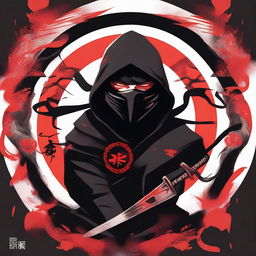 A stylized illustration of a ninja with piercing eyes, partially hidden by a dark hood and face mask