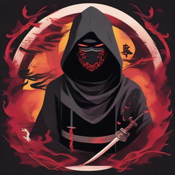 A stylized illustration of a ninja with piercing eyes, partially hidden by a dark hood and face mask