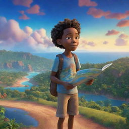 A 9-10 year old Jamaican boy clutching a map navigates through an enchanting landscape under a sky illuminated with stunning hues of blue, rendered in whimsical and magical 3D Pixar-style animation.