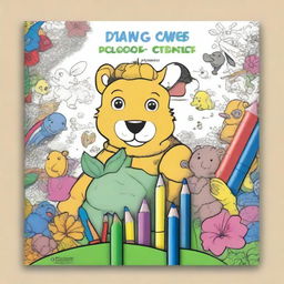 An A4-sized children's coloring book cover featuring a partially colored drawing with crayons and colored pencils