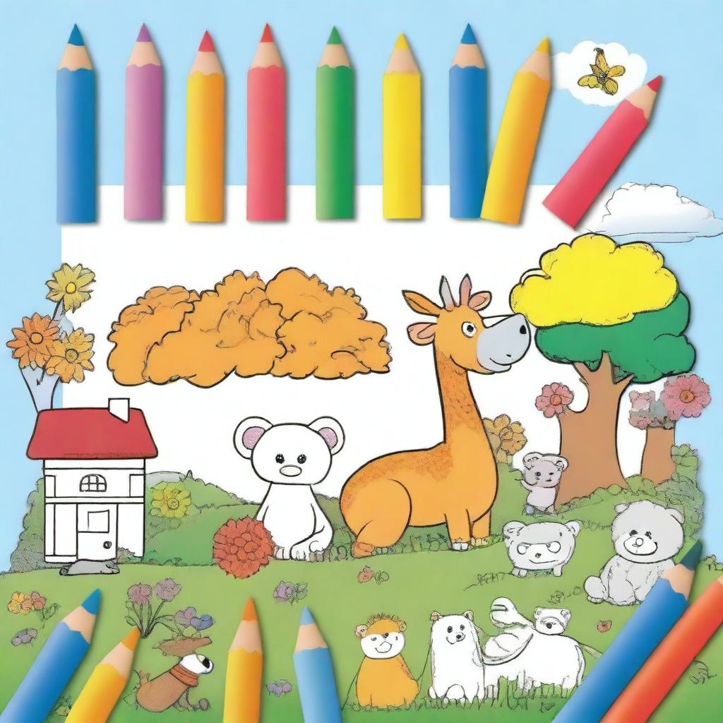 An A4-sized children's coloring book cover featuring a partially colored drawing with crayons and colored pencils