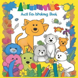 An A4-sized children's coloring book cover featuring a partially colored drawing with crayons and colored pencils