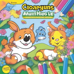 An A4-sized children's coloring book cover featuring a partially colored drawing with crayons and colored pencils