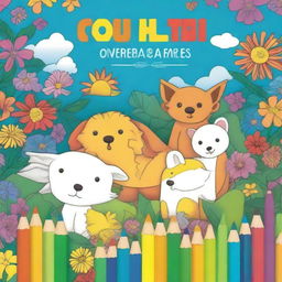 An A4-sized children's coloring book cover featuring a partially colored drawing with crayons and colored pencils