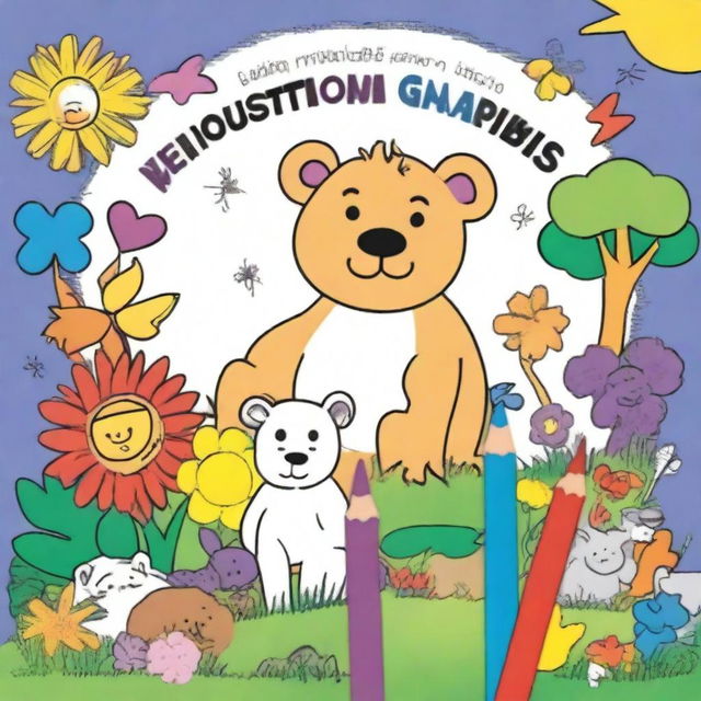 An A4-sized children's coloring book cover featuring a partially colored drawing with crayons and colored pencils