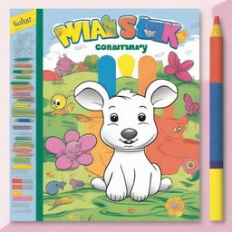 An A4-sized children's coloring book cover featuring a partially colored drawing with crayons and colored pencils