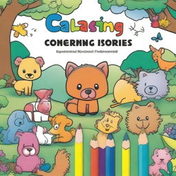 An A4-sized children's coloring book cover without a title, featuring a partially colored drawing with crayons and colored pencils