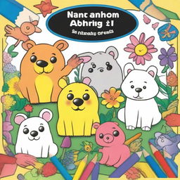 An A4-sized children's coloring book cover without a title, featuring a partially colored drawing with crayons and colored pencils