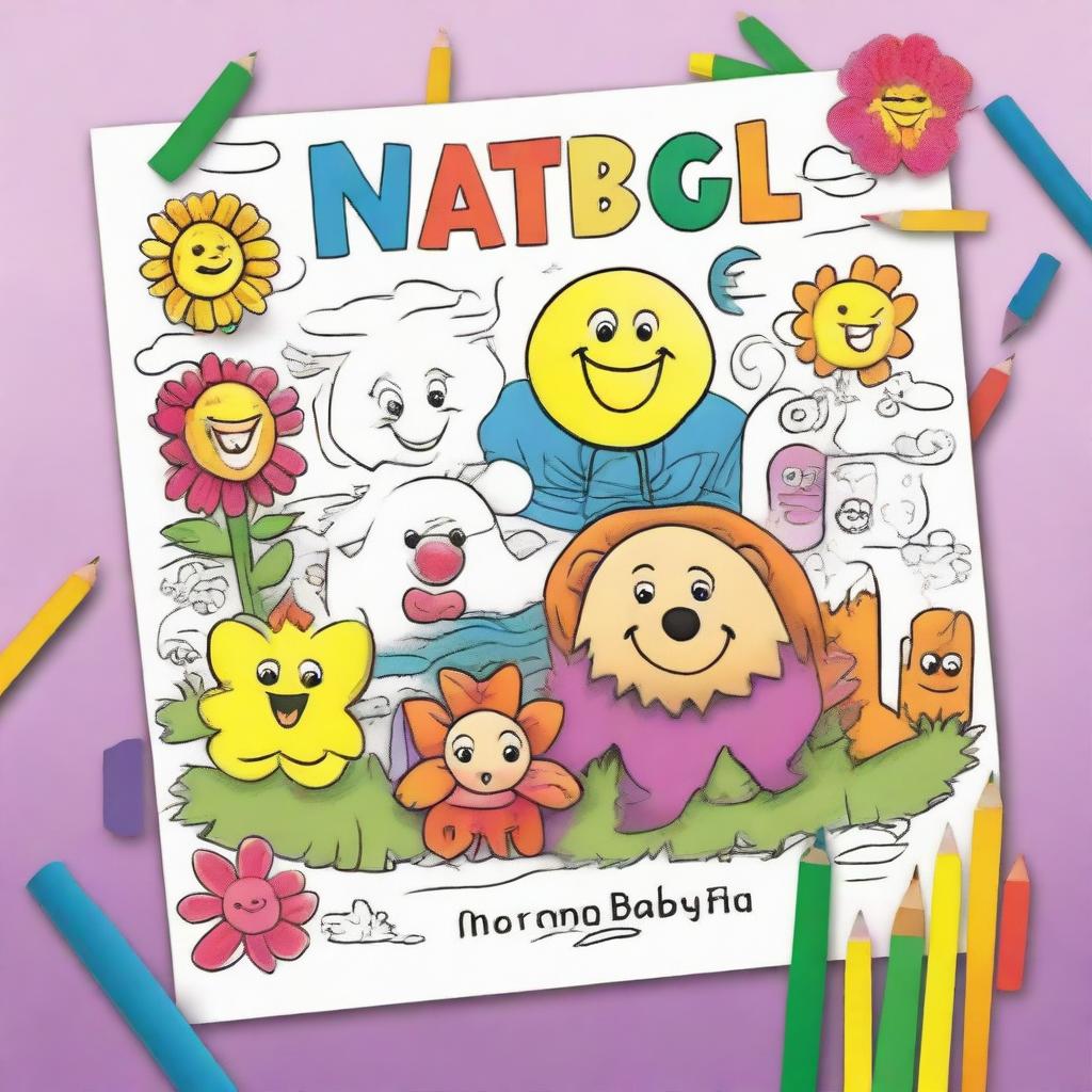 An A4-sized children's coloring book cover without any title, letters, or header, featuring a partially colored drawing with crayons and colored pencils