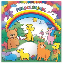 An A4-sized children's coloring book cover without any title, letters, or header, featuring a partially colored drawing with crayons and colored pencils