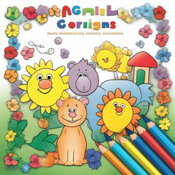 An A4-sized children's coloring book cover without any title, letters, or header, featuring a partially colored drawing with crayons and colored pencils