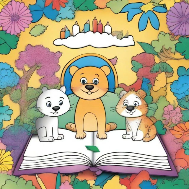 An A4-sized children's coloring book cover without any title, letters, or header, featuring a partially colored drawing with crayons and colored pencils