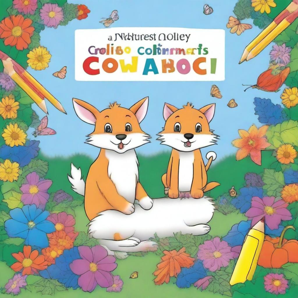 A beautiful A4-sized children's coloring book cover without any title, letters, or header, featuring a partially colored drawing with crayons and colored pencils