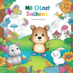 A beautiful A4-sized children's coloring book cover without any title, letters, or header, featuring a partially colored drawing with crayons and colored pencils