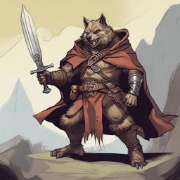 A gnoll from Dungeons & Dragons, wearing a cloak and hood, wielding a musket