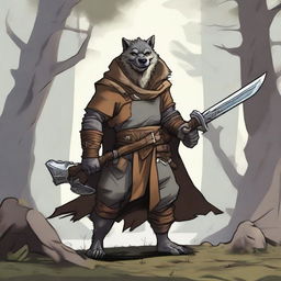 A gnoll from Dungeons & Dragons, wearing a cloak and hood, wielding a musket