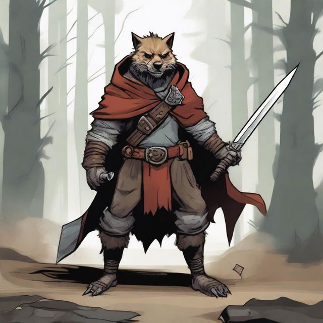 A gnoll from Dungeons & Dragons, wearing a cloak and hood, wielding a musket