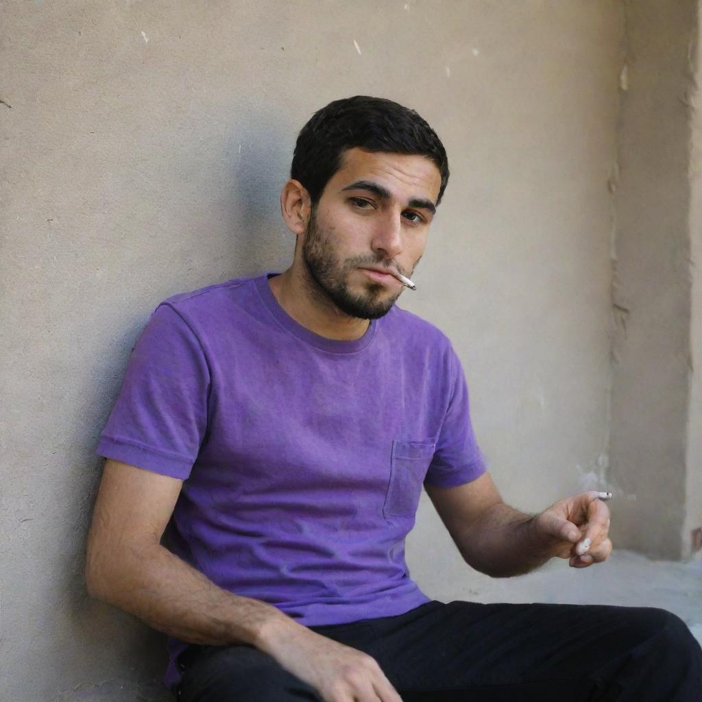 A 25-year-old Iranian Muslim man, seated behind a wall, wearing a purple t-shirt and black pants, engrossed in a moment of solitude while smoking.