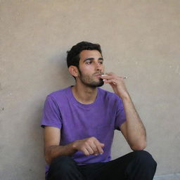 A 25-year-old Iranian Muslim man, seated behind a wall, wearing a purple t-shirt and black pants, engrossed in a moment of solitude while smoking.