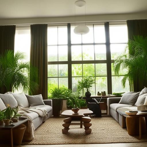 A beautifully decorated, modern living room with ample natural lighting, cozy furniture and vibrant houseplants