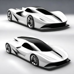 A futuristic supercar inspired by 1990s Group C racecars and prototype Le Mans vehicles, featuring a sleek white color and a long tail design