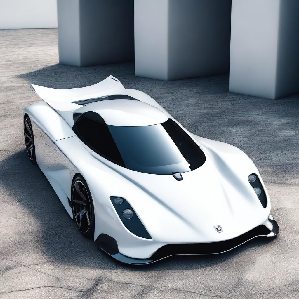 A futuristic supercar inspired by 1990s Group C racecars and prototype Le Mans vehicles, featuring a sleek white color and a long tail design