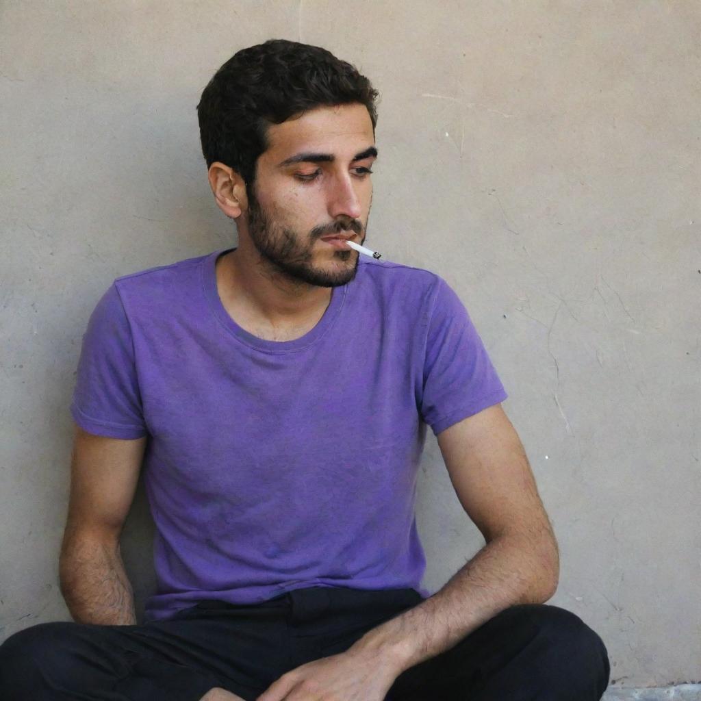 A 25-year-old Iranian Muslim man, seated behind a wall, wearing a purple t-shirt and black pants, engrossed in a moment of solitude while smoking.