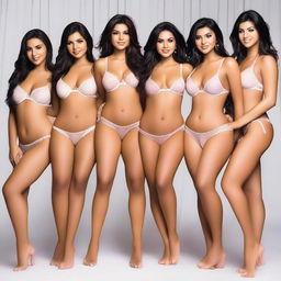 Create an image of five Paraguayan girls with thin and fit figures, wearing lingerie that highlights their toned abs and voluptuous chests